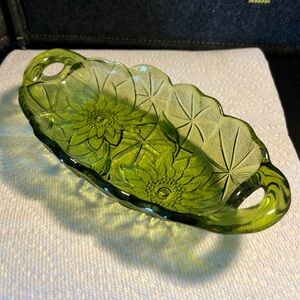 Vintage Indiana Glass Avocado Green Sunflower Oval Relish‎ Dish W Handles